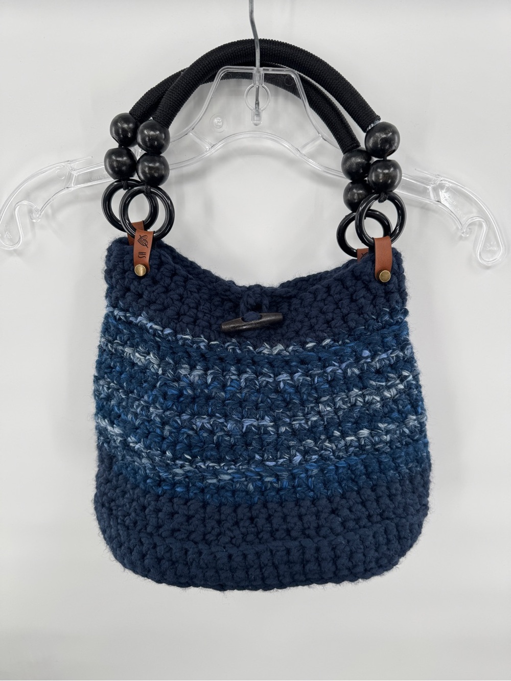 Handmade Navy Blue Crochet Knit Handbag Wood Handles Toggle Closure Boho Purse
